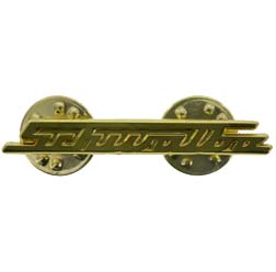 PIN ""SCHWALBE"", Gold - Design gleicht Schriftzug v. Beinblech,  bei KR51 - sehr filigrane Arbeit, ca. 38mm breit