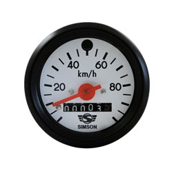 Tachometer - ø 60 mm - 100 km/h - roter Zeiger, weißes Ziffernblatt mit Logo, schwarzer Ring, grüne Blinkkontrolle